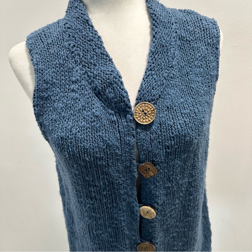 Willow Yarn Knit Sleeveless Wood Button Down Sea Blue Cardigan Womens Size XL - Picture 2 of 7